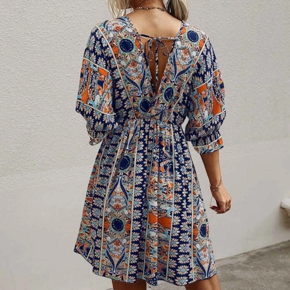 Paisley boho gypsy print dress 3/4 sleeve v neck - Picture 8 of 10